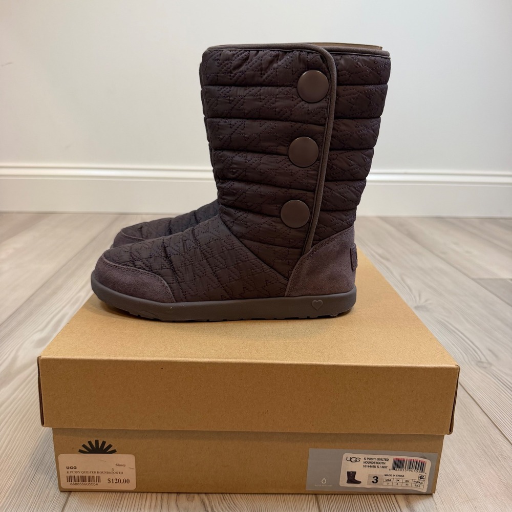 NEW UGG K Puffy Quilted Houndstooth Nightfall Purple Winter Boots 1014449K Kid 3
